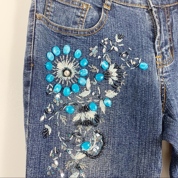 Cache Embellished Bootcut Jeans Blue Beads Sequins - Picture 4 of 8